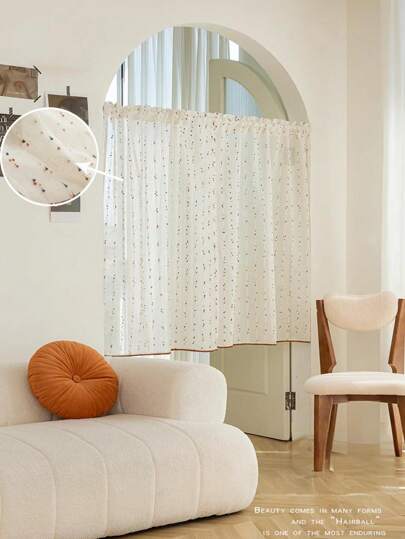 1 件别致彩虹复古带底部绒球花边薄纱短窗帘，杆袋设计适用于厨房橱柜防尘罩和卧室窗户装饰