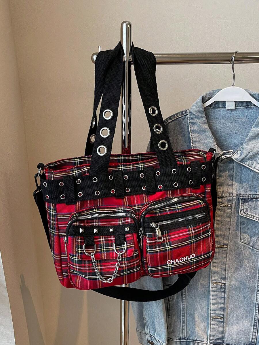 KVKY 复古朋克风格铆钉装饰辣妹风格酷女孩大容量手提包，多口袋多功能户外旅行单肩包，休闲日常通勤斜挎购物包，时尚小众设计，酷女孩街头装，哥特风格，Y2k 女士单肩包