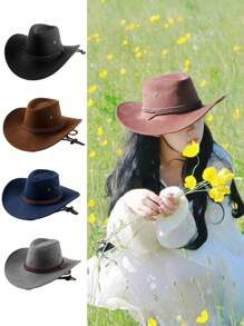 1pc Faux Suede Western Cowboy Hat For Men, Outdoor Camping Hiking Sun Protection, Summer