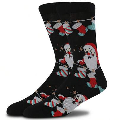1 Pair  Christmas Reindeer & Santa Claus Themed Socks, Elastic & Warm For Autumn/Winter, Christmas Gift