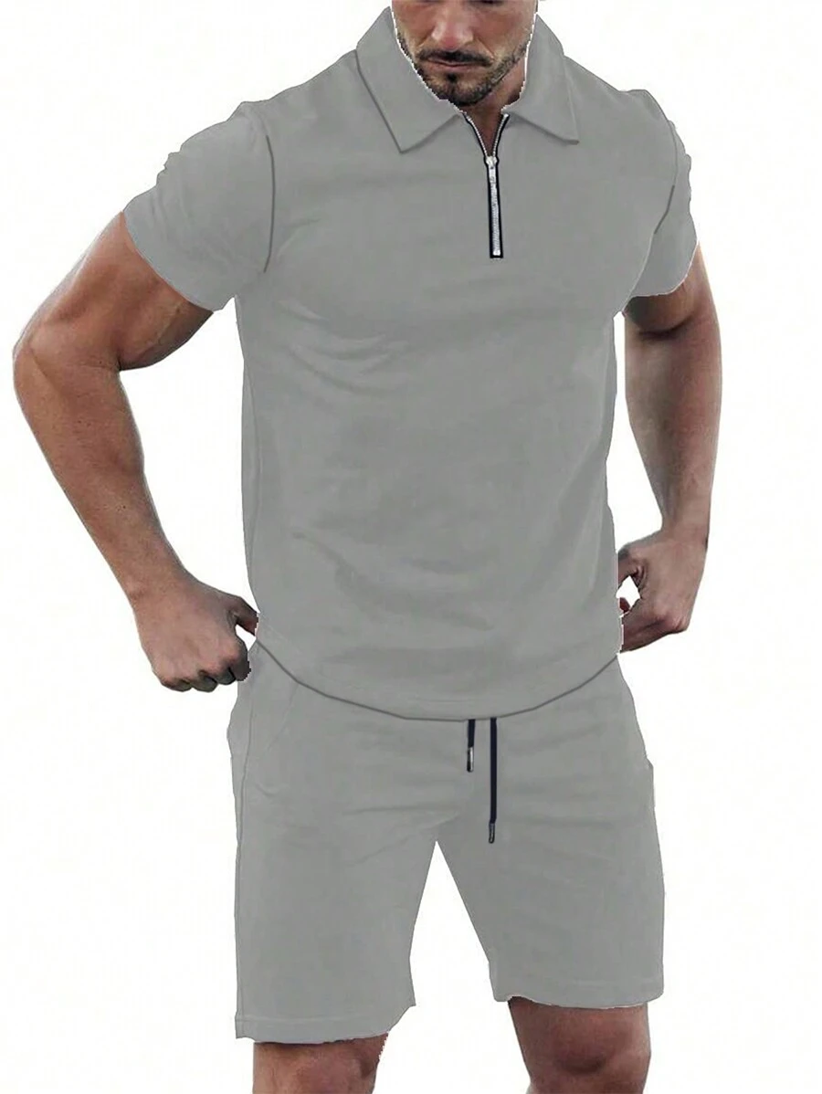 Conjunto de Camisa Polo Casual Confortável Masculina, Manga Curta, Colarinho com Zíper, Verão - Cinza Claro - Visão 1