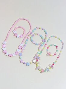 6pcs/Set Girls Cute Butterfly & Heart Beaded Necklace & Bracelet Jewelry Set, Assorted Color Gift For Party, Birthday, Festival