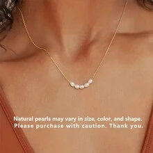 1pc Elegant Simple 5 Freshwater Pearl Necklace, Wedding Bridal Jewelry, Women's Golden Chain, Minimalist Luxe Style, Party Accessory - Yellow Gold - View 1