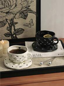 CMYD Studio 1 件 200 毫升手工心形和星形陶瓷咖啡杯碟套装，奢华黑白色，适用于咖啡拿铁、奶茶、下午茶、甜点、情侣礼物 - 彩色 - 查看 4