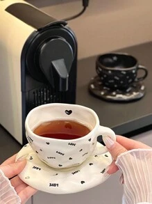 CMYD Studio 1 件 200 毫升手工心形和星形陶瓷咖啡杯碟套装，奢华黑白色，适用于咖啡拿铁、奶茶、下午茶、甜点、情侣礼物 - 彩色 - 查看 11