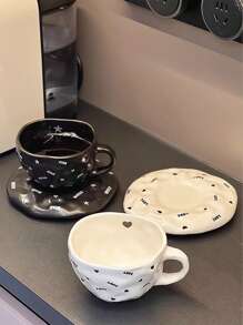 CMYD Studio 1 件 200 毫升手工心形和星形陶瓷咖啡杯碟套装，奢华黑白色，适用于咖啡拿铁、奶茶、下午茶、甜点、情侣礼物 - 彩色 - 查看 8