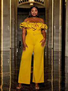 Faeriesty Plus Off Shoulder Ruffle Trim Belted Party Jumpsuit, Elegant - Yellow - View 3