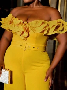 Faeriesty Plus Off Shoulder Ruffle Trim Belted Party Jumpsuit, Elegant - Yellow - View 7