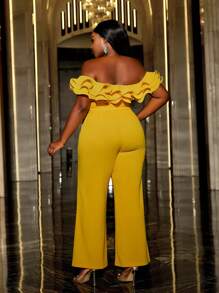 Faeriesty Plus Off Shoulder Ruffle Trim Belted Party Jumpsuit, Elegant - Yellow - View 2
