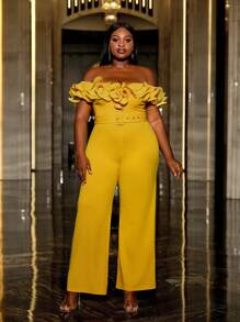 Faeriesty Plus Off Shoulder Ruffle Trim Belted Party Jumpsuit, Elegant - Yellow - View 4