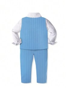4pcs/Set New Gentleman Suit Set For Boys, Including White Shirt, Striped Vest, Pants, Bow Tie, Formal Outfit For Pageboy, Wedding, School Events, Parties - Baby Blue - View 4