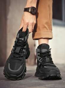 Men's High-Top PU Leather Casual Luxury Fashion Sneakers With Laces, Street-Style Flat Shoes For Autumn - Black - View 2