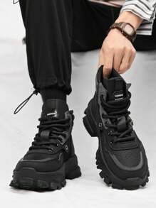 Men's High-Top PU Leather Casual Luxury Fashion Sneakers With Laces, Street-Style Flat Shoes For Autumn - Black - View 5