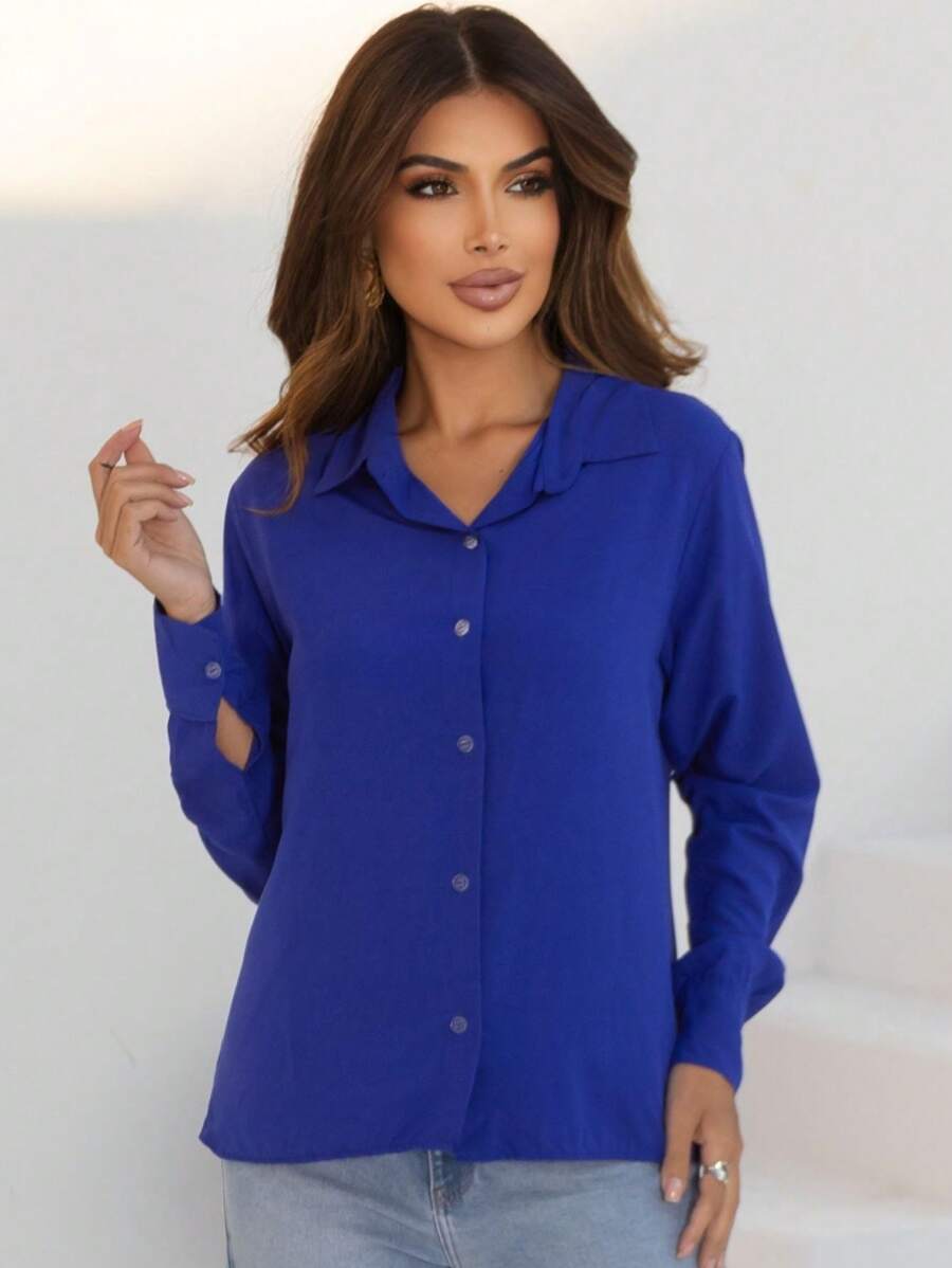 Women's Classic Elegant Long Sleeve Casual Chic Style Dress Shirt - Màu xanh lam - Xem 1