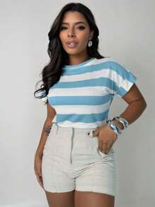 Women's Short Sleeve Striped Round Neck Blouse - Baby Blue - View 1