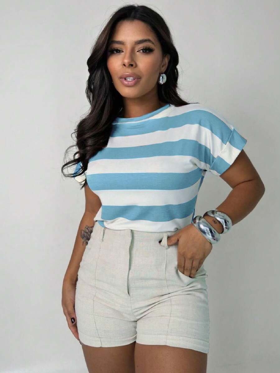 Women's Short Sleeve Striped Round Neck Blouse - Baby Blue - View 1