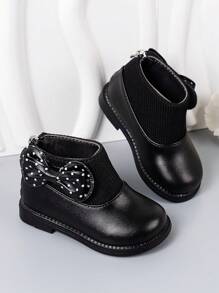 1 Pair Solid Color Girls' Boots With Bow, Anti-Slip Soles, Fashionable And Cute