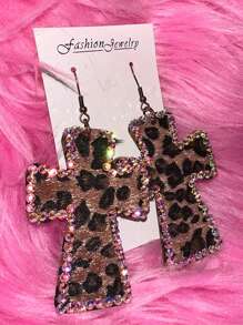 1 par de pendientes de cruz con estampado de Leopardo rosa brillante de cristal Y2K, accesorios de joyería gótica vintage, regalo punk de Halloween