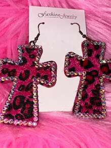 1 par de pendientes de cruz con estampado de Leopardo rosa brillante de cristal Y2K, accesorios de joyería gótica vintage, regalo punk de Halloween