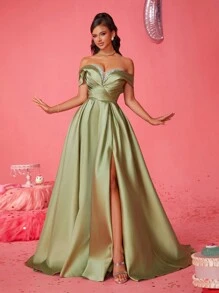 Smilprince Elegante vestido formal con hombros descubiertos y abertura en el muslo, vestido de noche para fiesta de graduación, boda o cena