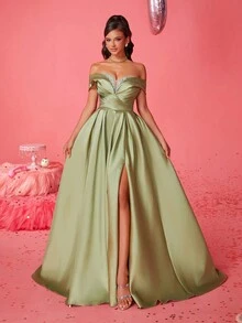 Smilprince Elegante vestido formal con hombros descubiertos y abertura en el muslo, vestido de noche para fiesta de graduación, boda o cena