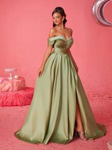 Smilprince Elegante vestido formal con hombros descubiertos y abertura en el muslo, vestido de noche para fiesta de graduación, boda o cena