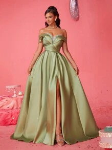 Smilprince Elegante vestido formal con hombros descubiertos y abertura en el muslo, vestido de noche para fiesta de graduación, boda o cena