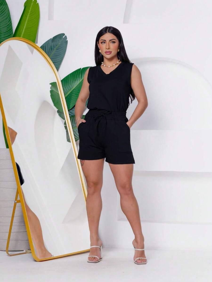 Women's Elegant Casual SWEATSHIRT And Shorts Set - màu đen - Xem 1