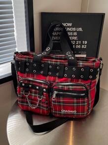 KVKY 复古朋克风格铆钉装饰辣妹风格酷女孩大容量手提包，多口袋多功能户外旅行单肩包，休闲日常通勤斜挎购物包，时尚小众设计，酷女孩街头装，哥特风格，Y2k 女士单肩包 - 酒紅色 - 查看 5