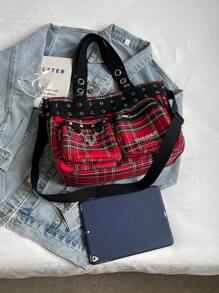 KVKY 复古朋克风格铆钉装饰辣妹风格酷女孩大容量手提包，多口袋多功能户外旅行单肩包，休闲日常通勤斜挎购物包，时尚小众设计，酷女孩街头装，哥特风格，Y2k 女士单肩包 - 酒紅色 - 查看 6