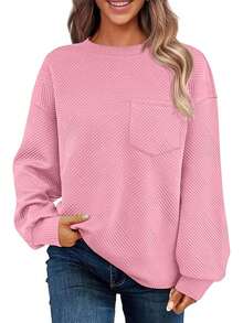 Women's Round Neck Long Sleeve Front Pocket Texture Fabric Casual Sweatshirt, Autumn/Winter