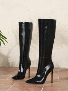 12厘米黑色尖头侧拉链细高跟休闲过膝长靴，女士冬季性感派对靴 - 黑色 - 查看 7