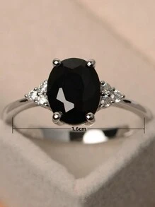 1pc Elegant Oval Black Shiny Crystal Engagement Ring, Wedding Bridal Party Jewelry, Anniversary Gift For Bride