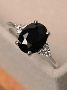 1pc Elegant Oval Black Shiny Crystal Engagement Ring, Wedding Bridal Party Jewelry, Anniversary Gift For Bride