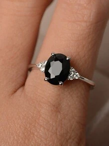 1pc Elegant Oval Black Shiny Crystal Engagement Ring, Wedding Bridal Party Jewelry, Anniversary Gift For Bride