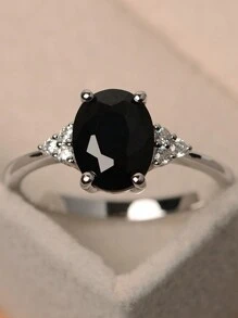 1pc Elegant Oval Black Shiny Crystal Engagement Ring, Wedding Bridal Party Jewelry, Anniversary Gift For Bride