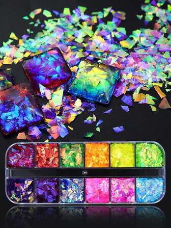 12 Grids Resin Filling Iridescent Glitter Asymmetrical Flakes Aurora Sequins Epoxy Resin For DIY Resin Mold Filler Decor Large Fragment