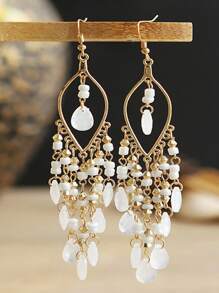 2 chiếc Bông tai mặt dây chuyền tua rua phong cách Bohemian, Bông tai dangle tua rua dài đính cườm - trắng - Xem 14