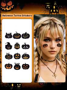 1 件万圣节临时纹身南瓜蝙蝠蜘蛛卡通防水防汗一次性纹身贴纸适用于男女脸部、颈部、手臂、手指、胸部身体艺术假纹身手指贴纸 - 彩色 - 查看 16