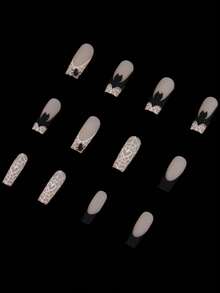 24 件复古街头优雅创意趣味新奇磨砂黑色火焰和蝙蝠和水滴图案可爱绷带蜘蛛网和蜘蛛图案法式中号方形水管假指甲套装，立即提升您的外观，按压指甲，适合个性化女孩和女性，具有独特的 - 藕粉色 - 查看 6