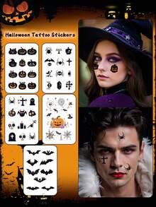 5pcs Halloween Temporary Tattoo Stickers, Pumpkin, Bat, Spider Cartoon Patterns, Waterproof, Sweat-Resistant, Disposable, Unisex, Suitable For Face, Neck, Arm, Finger, Chest And Other Body Parts, Body Painting, Realistic Tattoo Finger Stickers - Multicolor - View 1