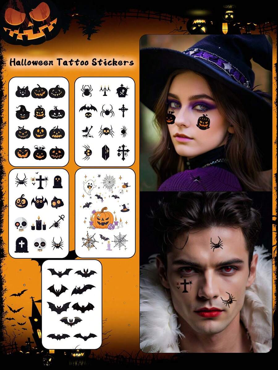 5pcs Halloween Temporary Tattoo Stickers, Pumpkin, Bat, Spider Cartoon Patterns, Waterproof, Sweat-Resistant, Disposable, Unisex, Suitable For Face, Neck, Arm, Finger, Chest And Other Body Parts, Body Painting, Realistic Tattoo Finger Stickers - Multicolor - View 1