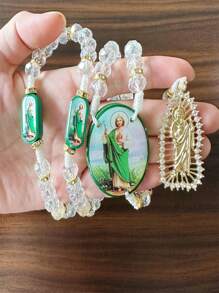 Katholische Halskette mit Heiliger Judas Grüne Kristall Perlen, Kreuz Anhänger und Heiliger Benedikt Holz Anhänger, Katholischer Schmuck