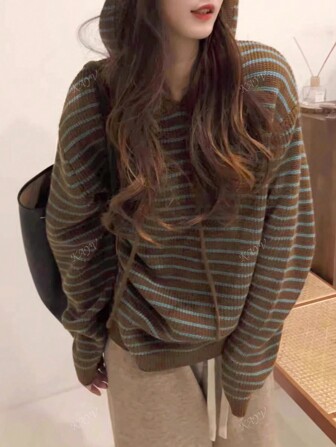 Oversized Soft Cozy Hooded Striped Sweater Cardigan For Women,Long Sleeve Tops