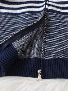 Young Boy Collegiate Style Colorblock Striped Knit Zip-Up Cardigan Jacket, Suitable For School In Spring, Fall, Winter - Navy Blue - View 6