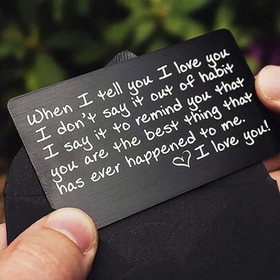 1 pieza Cartera de hombre con grabado de carta de amor, regalo de aniversario de aluminio, regalo de esposa a esposo, regalo de novio, regalo creativo del Día de San Valentín, tarjeta de inserción de billetera mini significativa y romántica