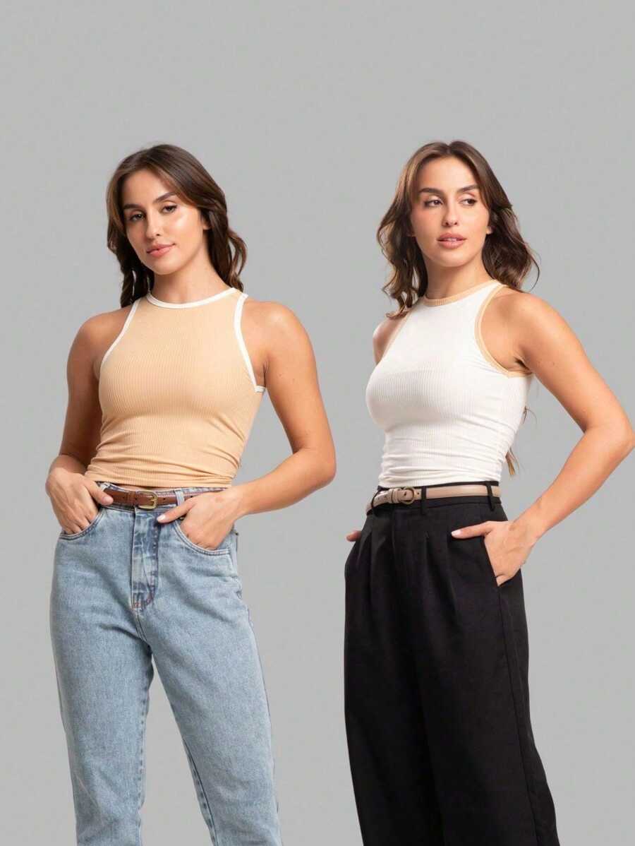 Kit 2 Two-Tone Ribbed Tank Tops - Creme Brulee và kem tươi - Xem 1