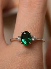 1pc Elegant Promise Ring With Green Cubic Zirconia Stone, A Beautiful Mystical Symbol To Match Daily Outfit Or Party Accessory