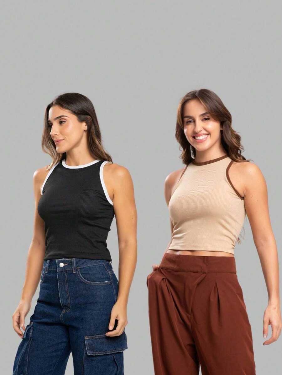 Kit 2 Two-Tone Ribbed Tank Tops - 裸色和黑色 - 查看 1
