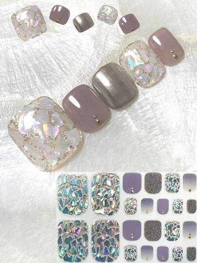 22pcs Summer New 3D Laser Shell Design Toe Nail Stickers With Rhinestone Mimic, Pedicure Art